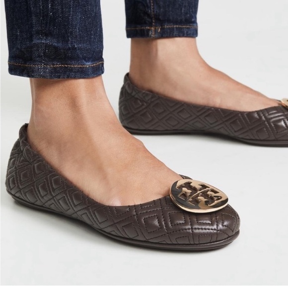 Tory Burch Espresso Quilted Minnie Flats Nappa Leather Size 8.5 - Picture 1 of 10